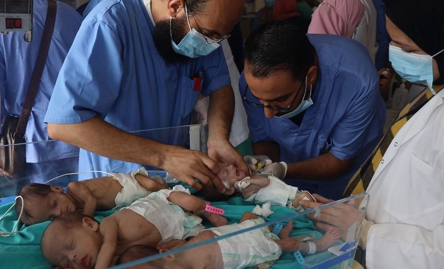 加沙北部希法医院的医务人员正在给婴儿提供治疗，以便他们接下来能够给安全转移。（图：联合国）