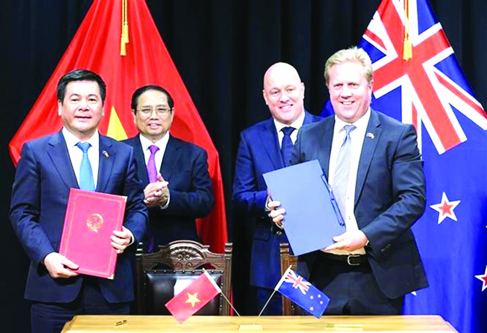 政府总理范明政与新西兰总理拉克森见证两国合作文件的签署。（图：越通社）