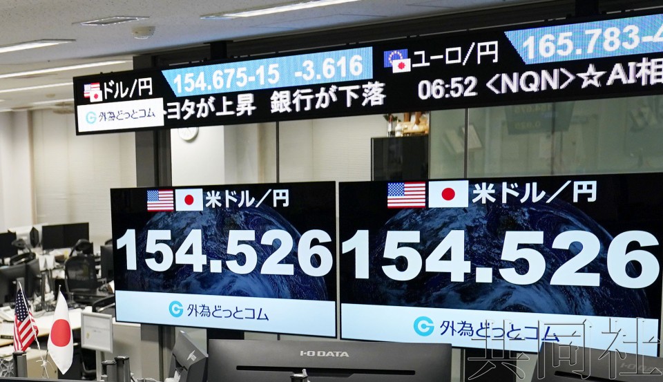 图为 4月29日下午东京都港区的外汇.com的屏幕上显示日元汇率一度达到1美元兑换154.5日元上方。（图：共同社）