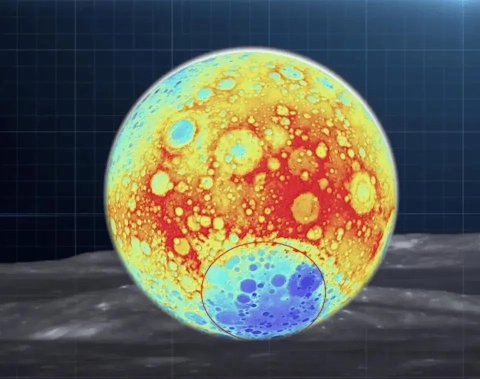 月球背面南极-艾肯盆地假彩色高程图。