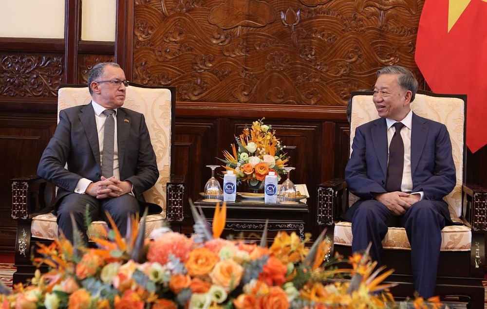 国家主席苏林（右）接见哥伦比亚大使米格尔‧安赫尔‧罗德里格斯。（图：国家主席办公厅）