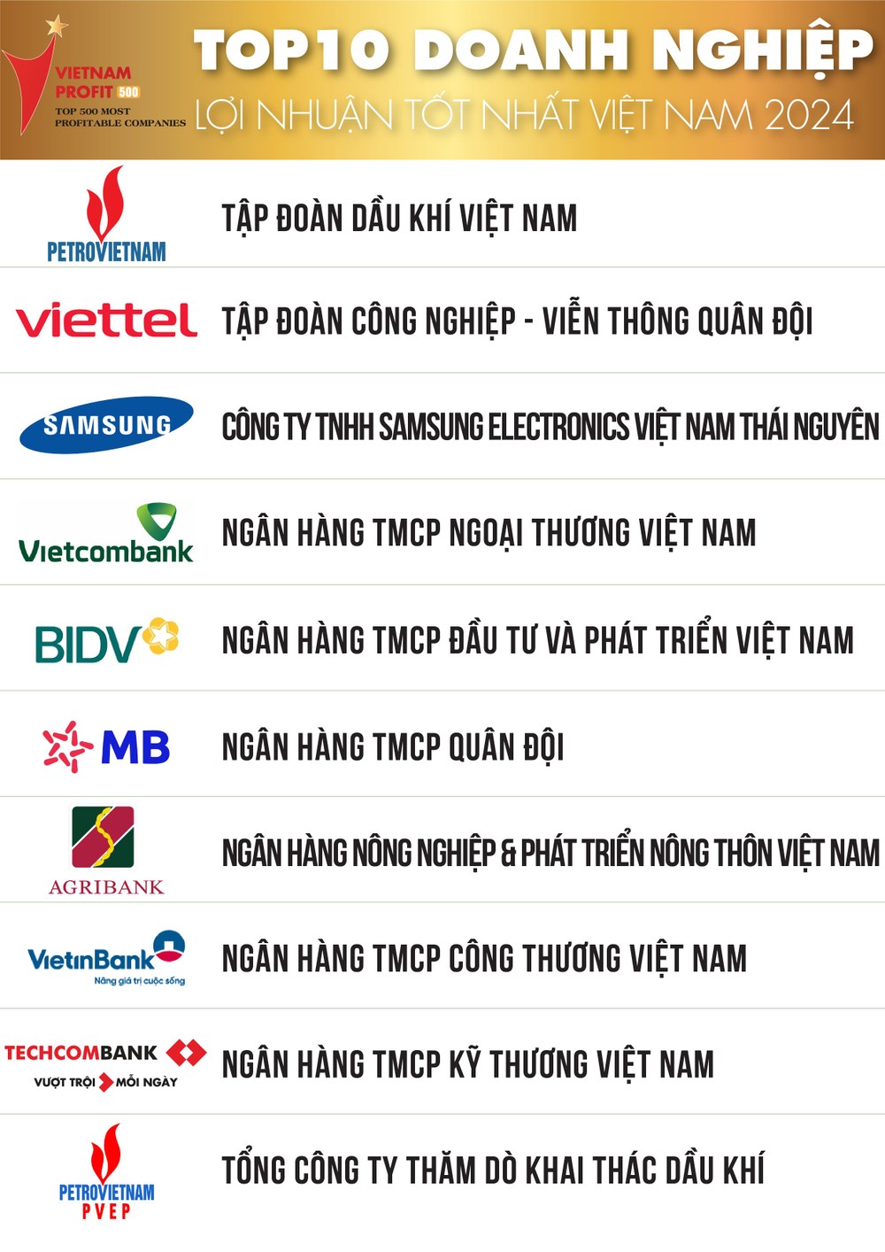 2024年越南最高盈利企业排行榜前10名。（图：Vietnam Report）