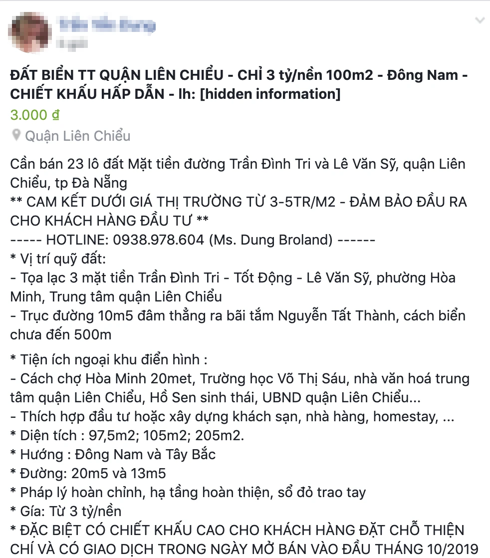Facebook Trần Yến Dung đã bị Công an quận Liên chiểu phạt 10 triệu đồng vì thông tin bán đất không đúng sự thật