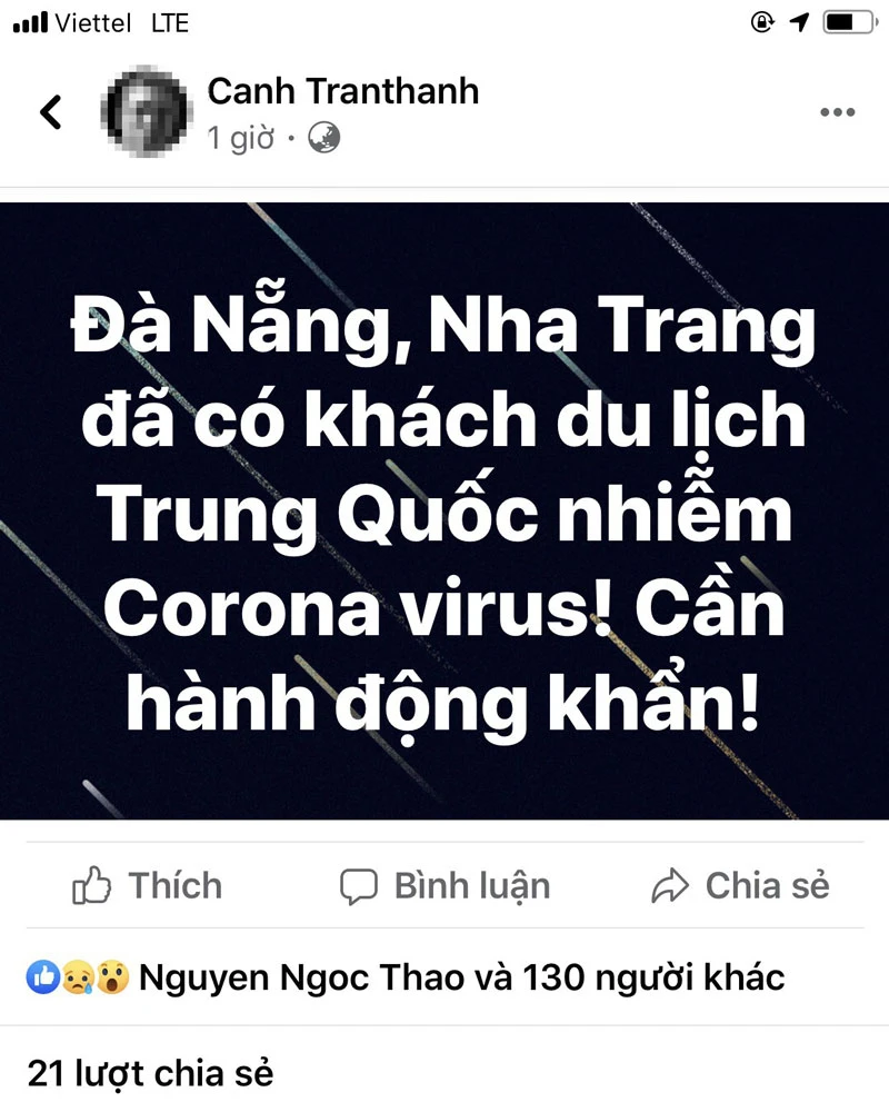 Một tài khoản facebook lan truyền thông tin Đà Nẵng, Nha Trang đã có du khách nhiễm virus Corona