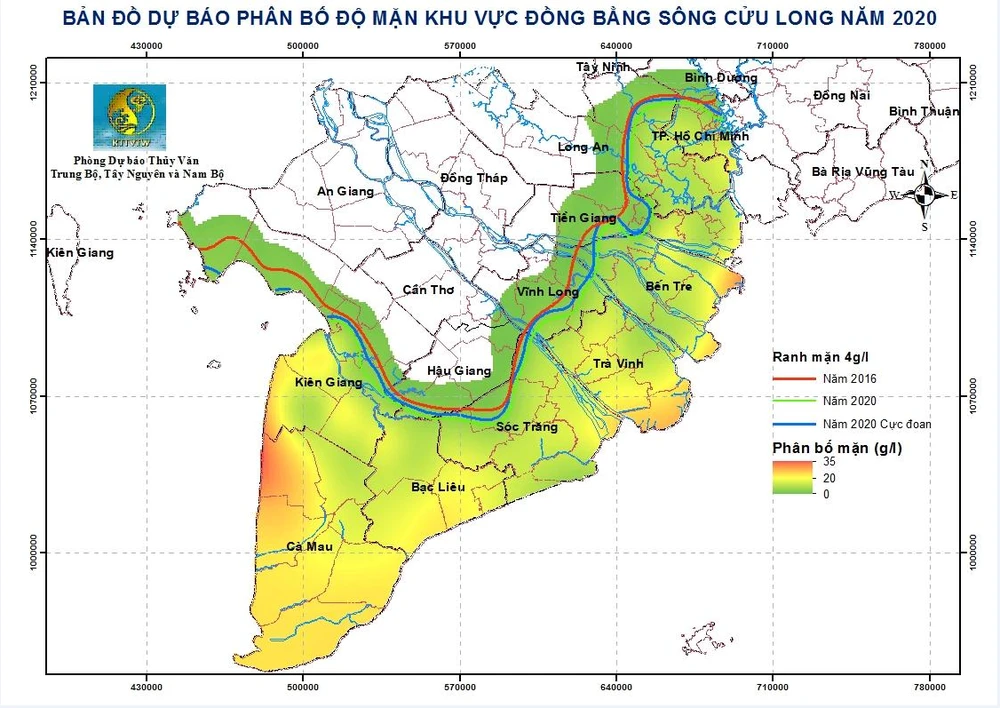 Bản đồ phân bố các khu vực sẽ bị mặn xâm nhập trong năm 2020 do Trung tâm Dự báo KTTV quốc gia vừa công bố ngày 15-1