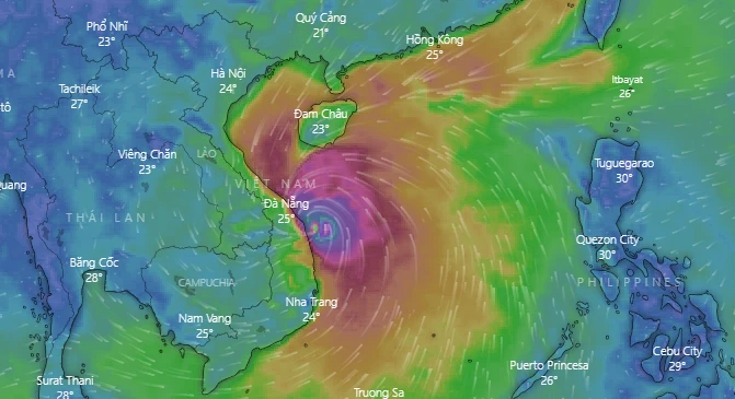 Dự báo bão số 9 cập bờ vào khoảng 10 giờ sáng nay 28-10-2020.Ảnh: Windy