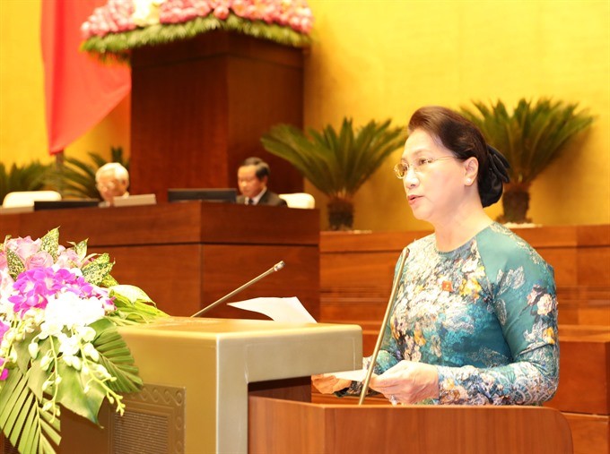 Chairwoman Nguyen Thi Kim Ngan makes closing remarks to wrap up the third plenary session of the 14th National Assembly in Hanoi yesterday. (Photo: VNA/VNS)