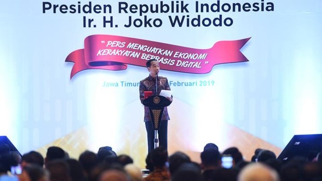 President Joko Widodo delivers a speech in the commemoration of the National Press Day (HPN) in Surabaya, East Java, on February 9, 2019. The 2019 HPN is themed The Press Boosts Digital-based People's Economy. (Source: Antara)