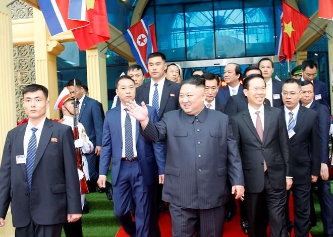 Chairman of the Workers’ Party of Korea (WPK) and the State Affairs Commission of the Democratic People’s Republic of Korea (DPRK) Kim Jong-un walks out of the Dong Dang station in Vietnam's northern border province of Lang Son on February 26 morning. (Ph