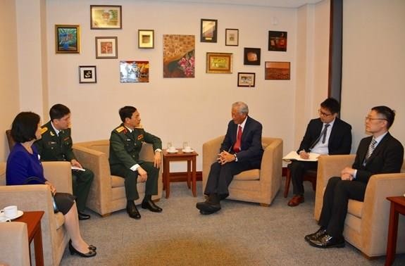 Sen. Lt. Gen. Phan Van Giang (L) and Singaporean Defence Minister Ng Eng Hen (Source: qdnd.vn)