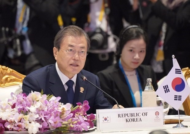 President of the Republic of Korea Moon Jae-in speaks at the 22nd ASEAN Plus Three Summit in Bangkok on November 4 (Photo: Yonhap/VNA)