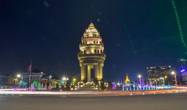 A display of lights near the Independence Monument in Phnom Penh. (Source: Khmer Times)