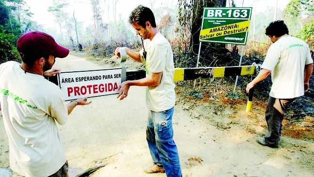 Các nhà hoạt động Tổ chức Hòa bình xanh (Greenpeace) phong tỏa con đường dẫn vào rừng khai thác gỗ trái phép