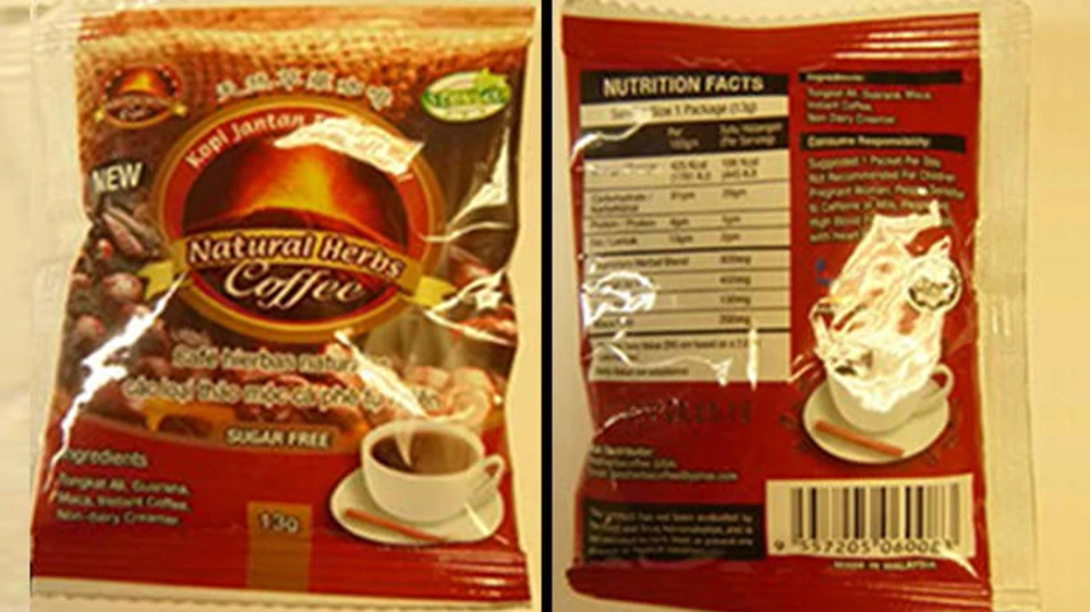Cà phê thảo dược "New of Kopi Jantan Tradisional Natural Herbs Coffee" bị thu hồi vì chứa hoạt chất như thuốc Viagra. Ảnh: FDA