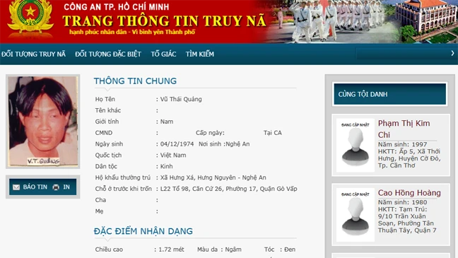 Thông tin Vũ Thái Quảng trên cổng thông tin Công an TPHCM. Ảnh: ĐAN NGUYÊN