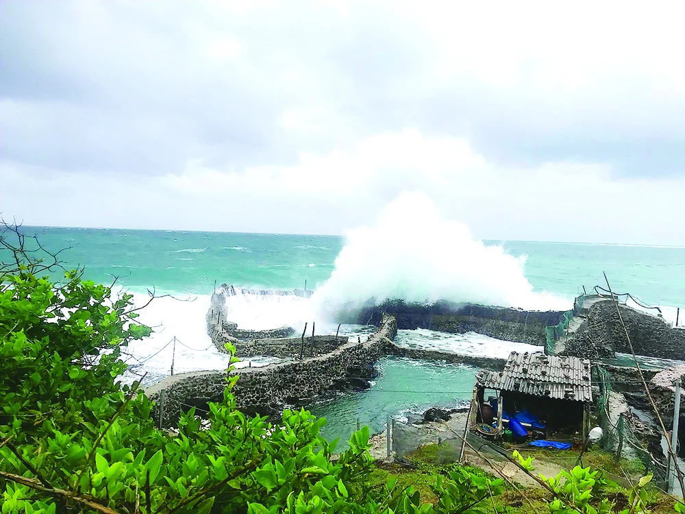 Mưa to kèm gió lớn khiến sóng biển ở đảo Phú Quý dâng cao tới 5m. Ảnh: NGUYỄN TIẾN
