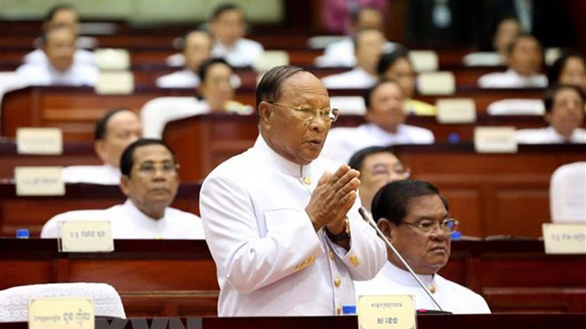 Ông Samdech Heng Samrin phát biểu tại lễ khai mạc một phiên họp Quốc hội ở Phnom Penh. Nguồn: AFP/ TTXVN