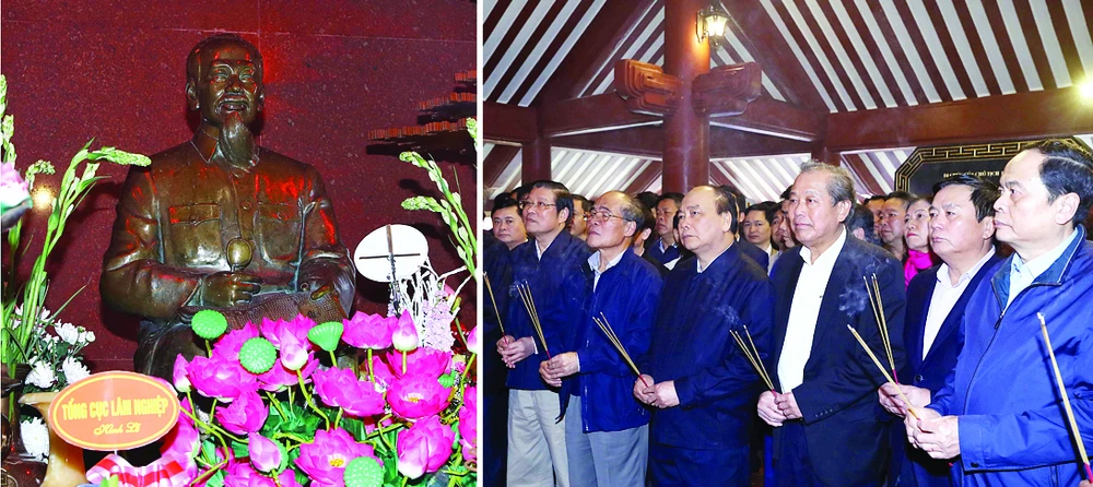 Thủ tướng Nguyễn Xuân Phúc cùng nhiều đồng chí lãnh đạo, nguyên lãnh đạo Đảng, Nhà nước dâng hương, báo công lên Chủ tịch Hồ Chí Minh tại đền thờ Bác Hồ trên đỉnh Ba Vì, Hà Nội. Ảnh: TTXVN