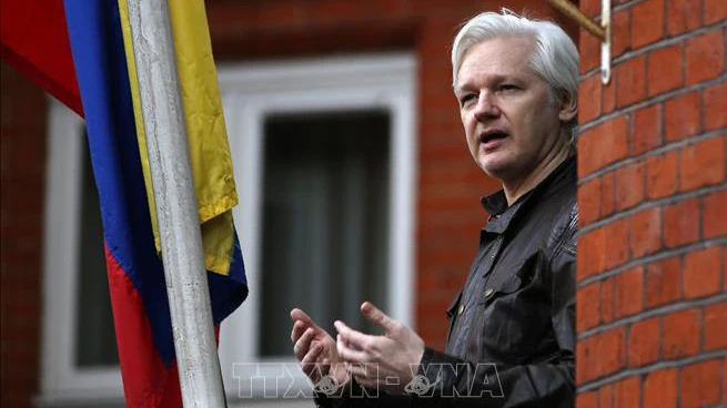 Julian Assange tại Đại sứ quán Ecuador ở London (Anh) . Ảnh tư liệu: AFP/TTXVN