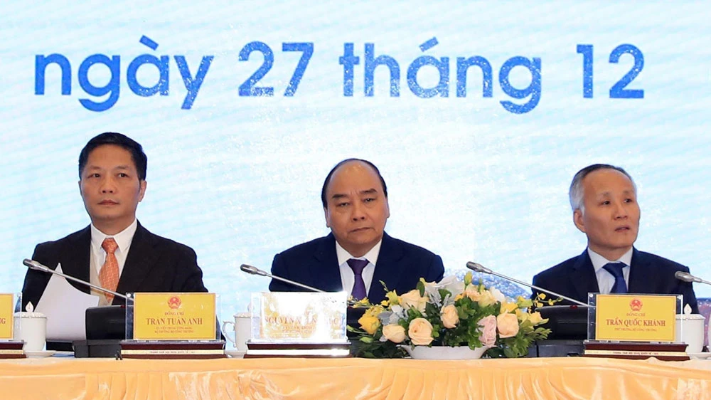 Thủ tướng Nguyễn Xuân Phúc dự Hội nghị tổng kết công tác năm 2019 và triển khai nhiệm vụ năm 2020 của ngành công thương. Ảnh: TTXVN