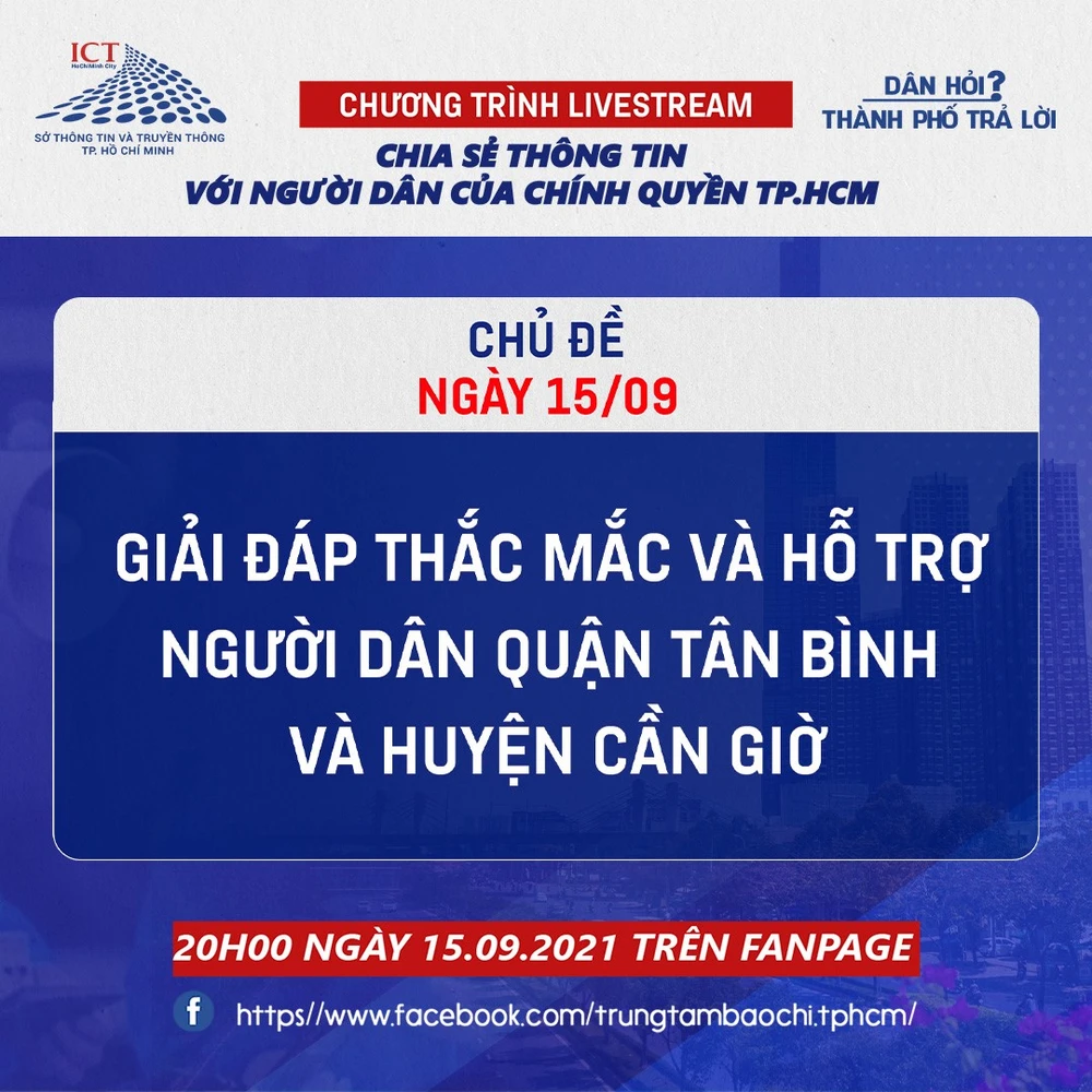 20 giờ tối nay 15-9, Livestream “Dân hỏi – Thành phố trả lời”: Hỗ trợ người dân quận Tân Bình và huyện Cần Giờ