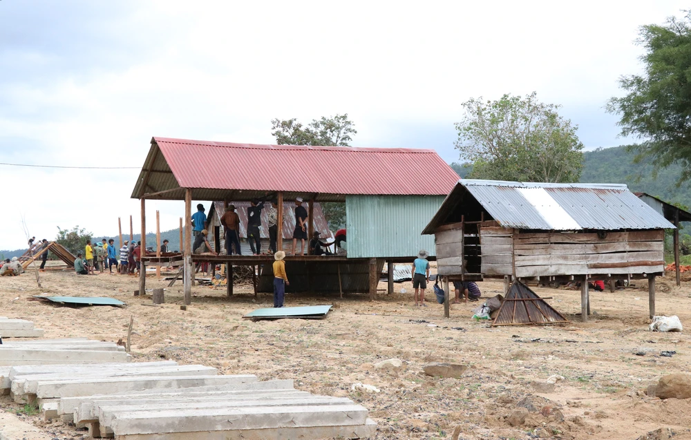 Chính quyền giúp người dân dựng nhà cửa tại làng mới
