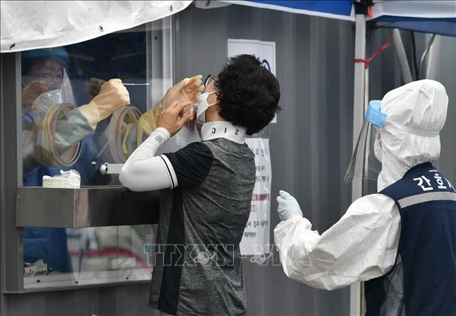 Nhân viên y tế lấy mẫu dịch xét nghiệm COVID-19 cho người dân tại Seoul, Hàn Quốc. Ảnh tư liệu: AFP/TTXVN