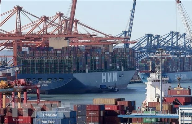 Container hàng hóa được bốc dỡ tại cảng Busan, Hàn Quốc. Ảnh: Yonhap/TTXVN