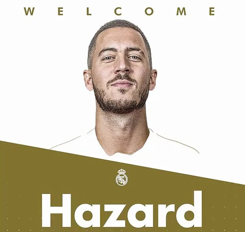 Hình ảnh Eden Hazard được Real Madrid đưa trong lời chào đón. Ảnh: Daily Mail