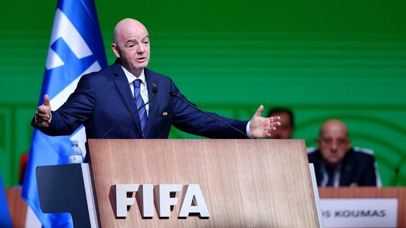 Chủ tịch FIFA Gianni Infantino phát biểu trong ngày xác nhận tái đắc cử.