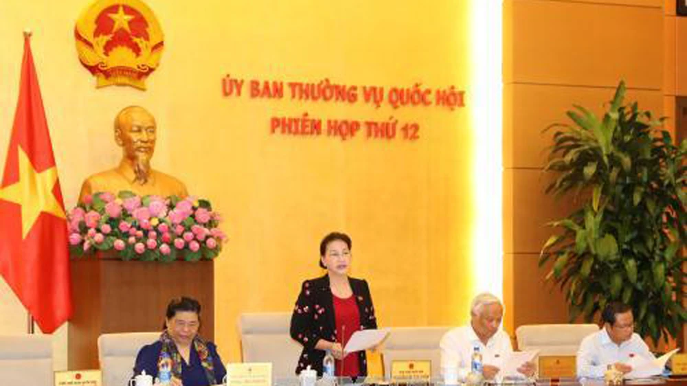 Chủ tịch Quốc hội Nguyễn Thị Kim Ngân chủ trì và phát biểu khai mạc Phiên họp thứ 12 của Ủy ban Thường vụ Quốc hội khóa XIV. Ảnh: TTXVN