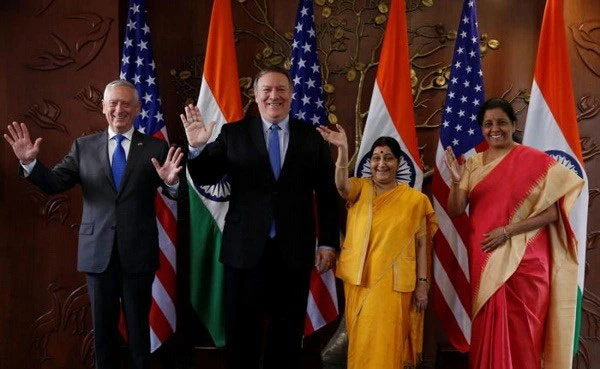 Bộ trưởng Quốc phòng James Mattis và Ngoại trưởng Mike Pompeo của Mỹ đã gặp Ngoại trưởng Sushma Swaraj và Bộ trưởng Quốc phòng Nirmala Sitharaman của Ấn Độ. Nguồn: REUTERS