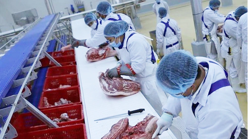 Dây chuyền sản xuất theo công nghệ thịt mát. Ảnh: TTXVN