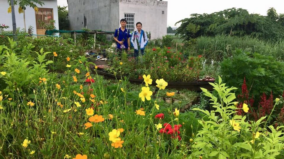 Một số bạn trẻ tình nguyện biến khu đất nhếch nhác ở khu phố 4 phường Tăng Nhơn Phú A, quận 9 thành khu vực trồng hoa đầy màu sắc. Ảnh: NGUYỄN THƯƠNG 