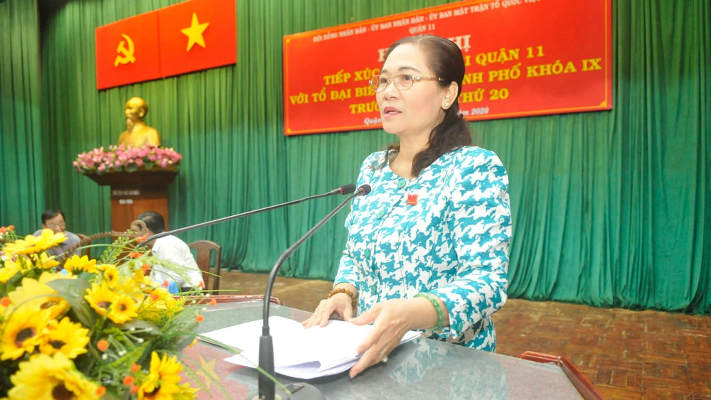 Chủ tịch HĐND TPHCM Nguyễn Thị Lệ phát biểu tại hội nghị tiếp xúc cử tri quận 11. Ảnh: CAO THĂNG