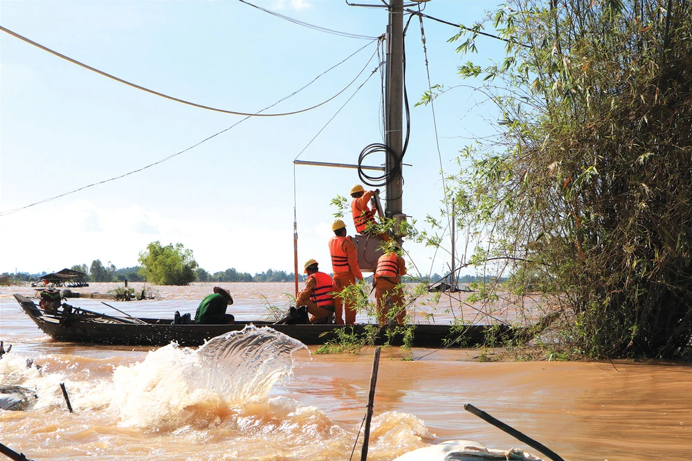Thi công lưới điện trong mùa lũ tại huyện Hồng Ngự, tỉnh Đồng Tháp