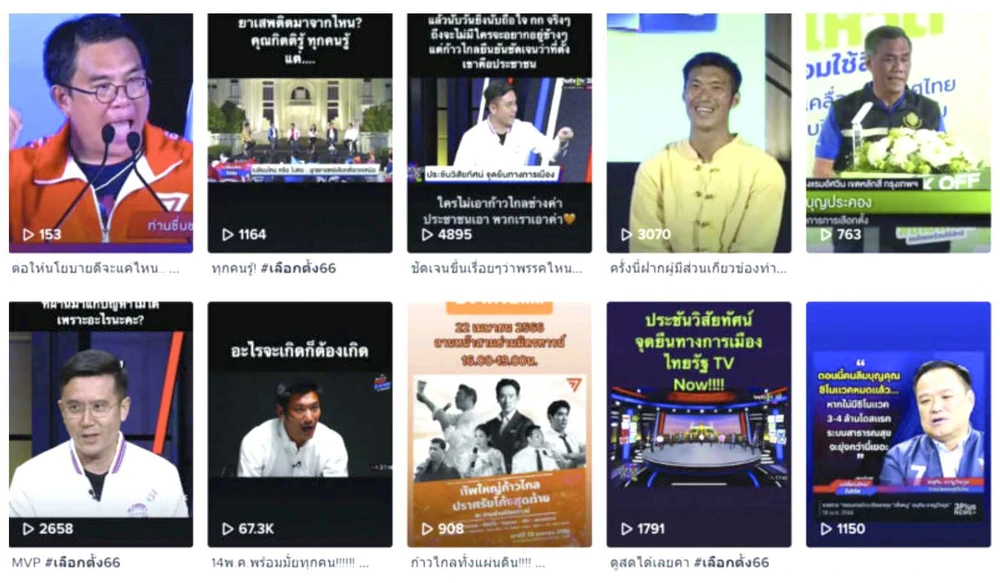 Ảnh chụp màn hình các video clip ngắn về các chính trị gia Thái Lan trên nhiều nền tảng xã hội trước cuộc bầu cử ở Thái Lan vừa qua