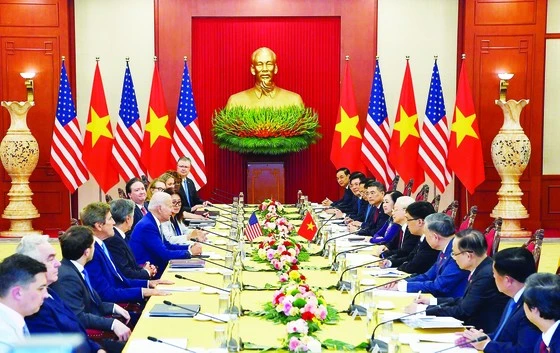 Tổng Bí thư Nguyễn Phú Trọng hội đàm với Tổng thống Joe Biden. Ảnh: VIẾT CHUNG