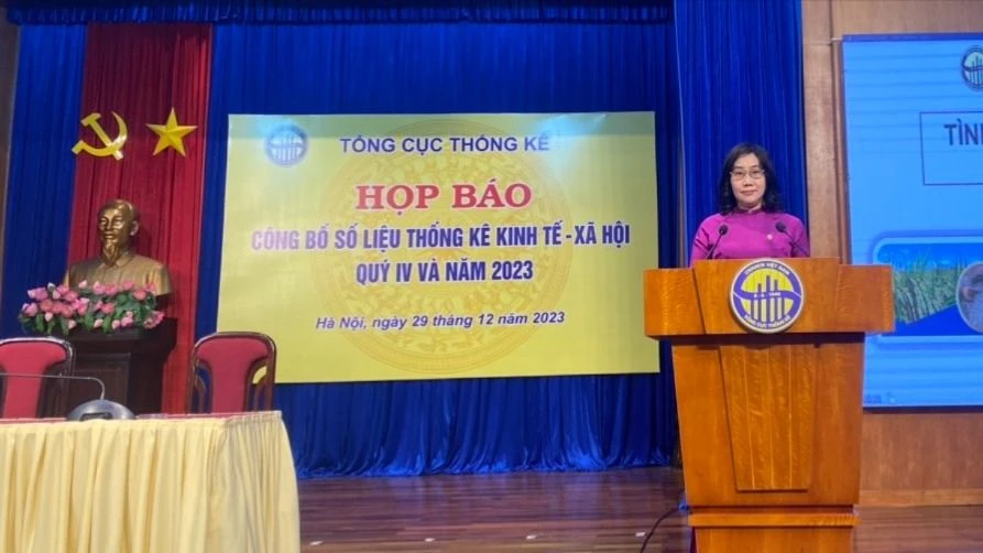 Tổng Cục trưởng Tổng cục Thống kê Nguyễn Thị Hương tại buổi họp báo sáng 29-12