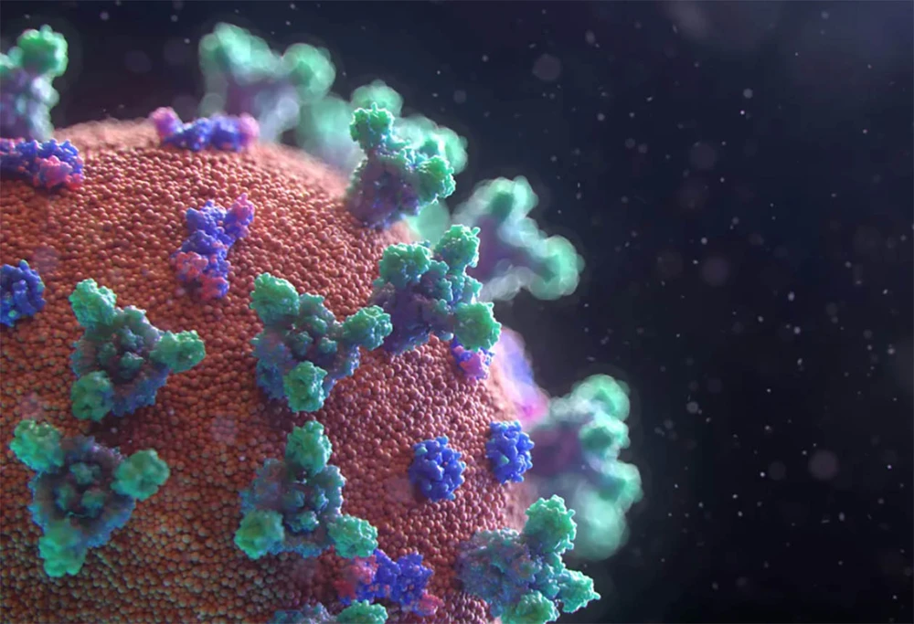Mô phỏng virus SARS-CoV-2 tồn tại trong không khí. Ảnh: BRISTON