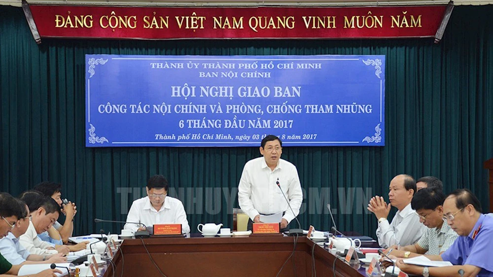 Trưởng Ban Nội chính Thành ủy TPHCM Trần Thế Lưu phát hiểu tại hội nghị. Ảnh: hcmcpv.org.vn