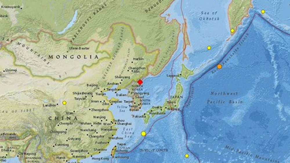 USGS ghi nhận vụ nổ lớn ở Triều Tiên gây địa chấn (chấm đỏ)