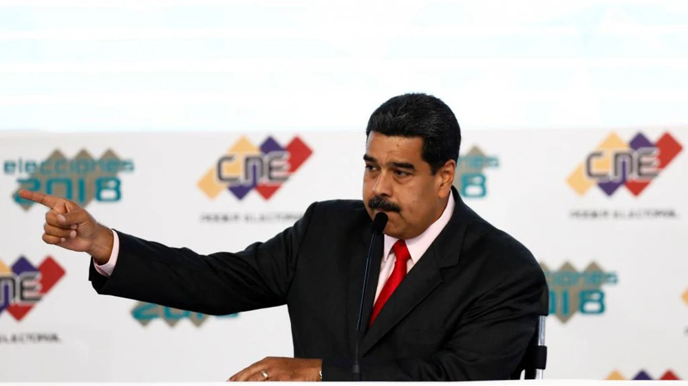 Tổng thống Venezuela Nicolas Maduro, trong lễ mừng tái đắc cử tại Caracas, ngày 22-5-2018. Ảnh: REUTERS