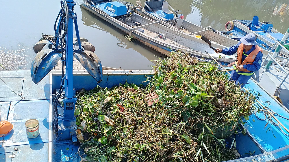 Nước lên, những khóm lục bình dài hàng chục mét dạt vào kênh Nhiêu Lộc - Thị Nghè khiến công nhân cật lực làm việc cả buổi mới xử lý được. Ảnh: THU HƯỜNG