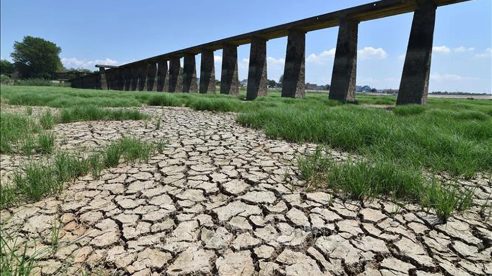  Đáy một hồ nước khô nứt nẻ do hạn hán kéo dài tại Nam Kinh, tỉnh Giang Tô, Trung Quốc ngày 21-8-2022