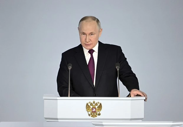 Tổng thống Nga Vladimir Putin đọc Thông điệp liên bang 2023. Ảnh: Sputnik 