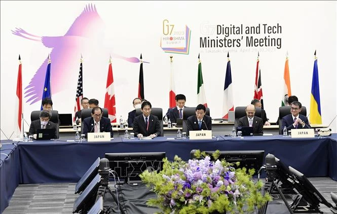 Quang cảnh Hội nghị các Bộ trưởng Công nghệ và kỹ thuật số Nhóm các nước công nghiệp phát triển hàng đầu thế giới (G7) tại Takasaki, tỉnh Gunma (Nhật Bản) ngày 29/4/2023. Ảnh: Kyodo 