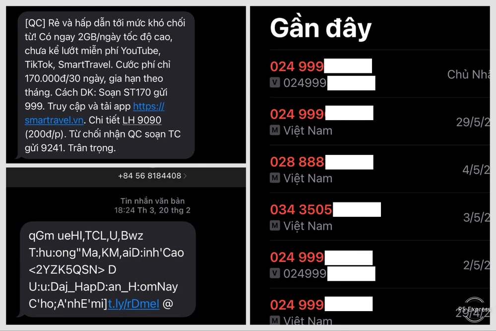 Nhiều tin nhắn rác, cuộc gọi rác từ tổng đài 024 888 và 024 999 đến khách hàng. Ảnh: Hoàng Hùng