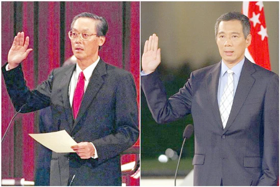 Singapore đang chuẩn bị cho cuộc giao ca thế hệ với nhiều khả năng xuất hiện thủ tướng thứ tư sau kỳ bẩu cử tới. (Trong ảnh: Ông Goh Chok Tong (trái) tuyên thệ nhậm chức thủ tướng thứ hai của Singapore năm 1990 và ông Lý Hiển Long (phải) năm 2004).