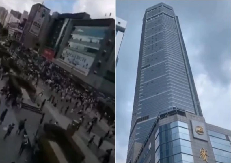 Tòa nhà chọc trời rung chuyển và những người đi bộ sợ hãi bỏ chạy trên đường phố bên ngoài. (Ảnh chụp màn hình Youtube)